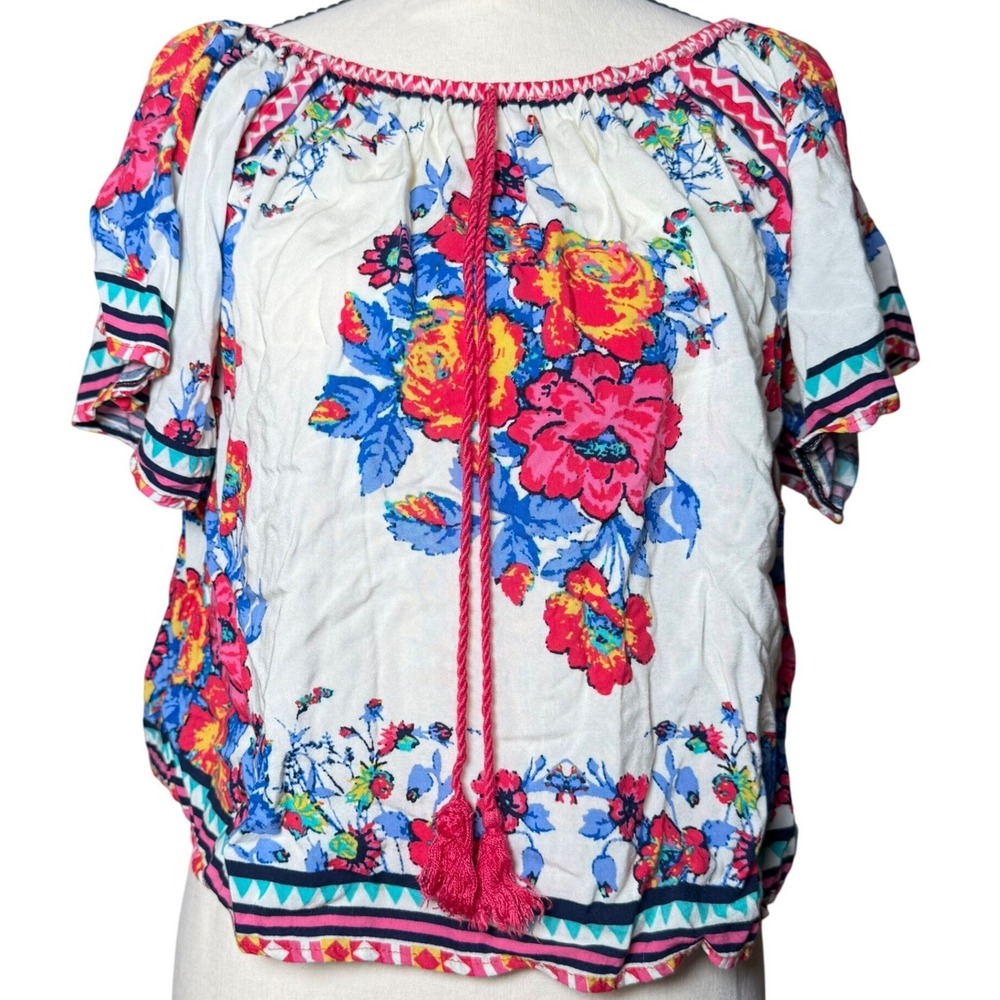 Flying Tomato Floral Peasant Blouse Womens M White Pink Boho Tassel Romantic
